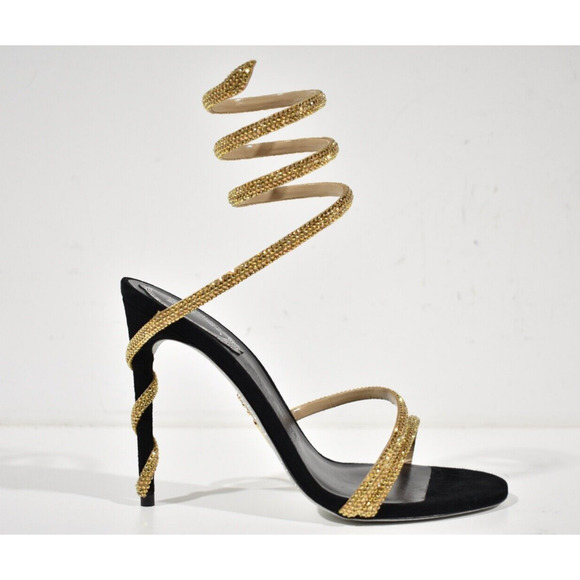 Rene Caovilla Margot Black Gold Crystal Ankle Wrap Strap Sandal Heel Pump 39 - Picture 2 of 12